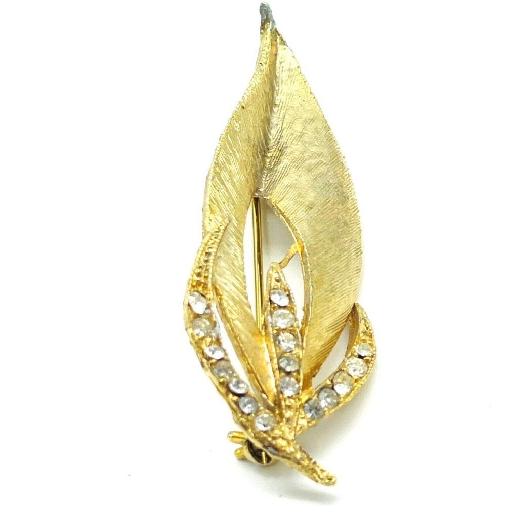 Vintage Gold Tone Leaf Brooch Rhinestone Accents Botanical